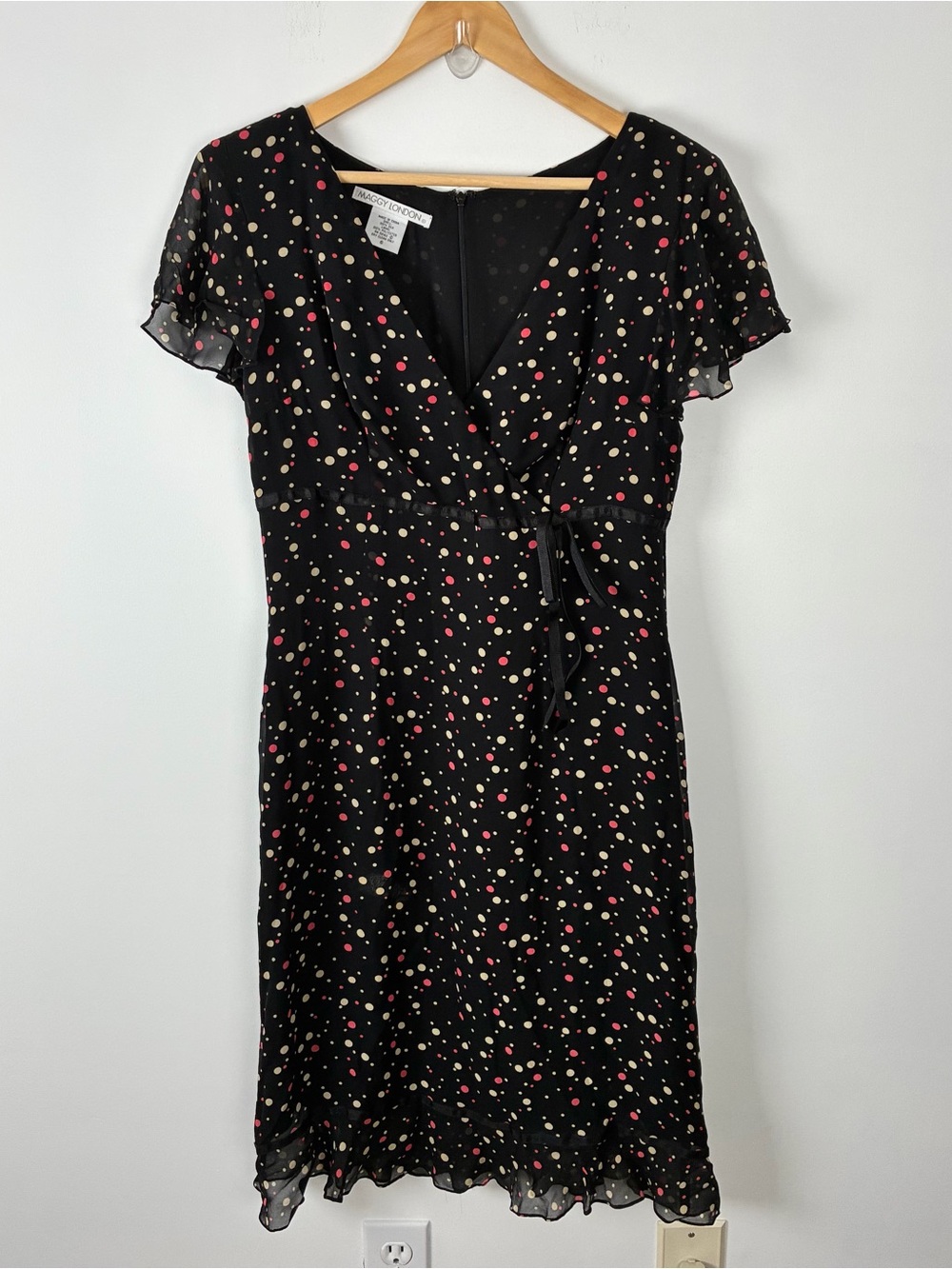 Vintage Y2K Maggy London Silk Black Polka Dot Wrap-Style Dress Whimsigoth 6